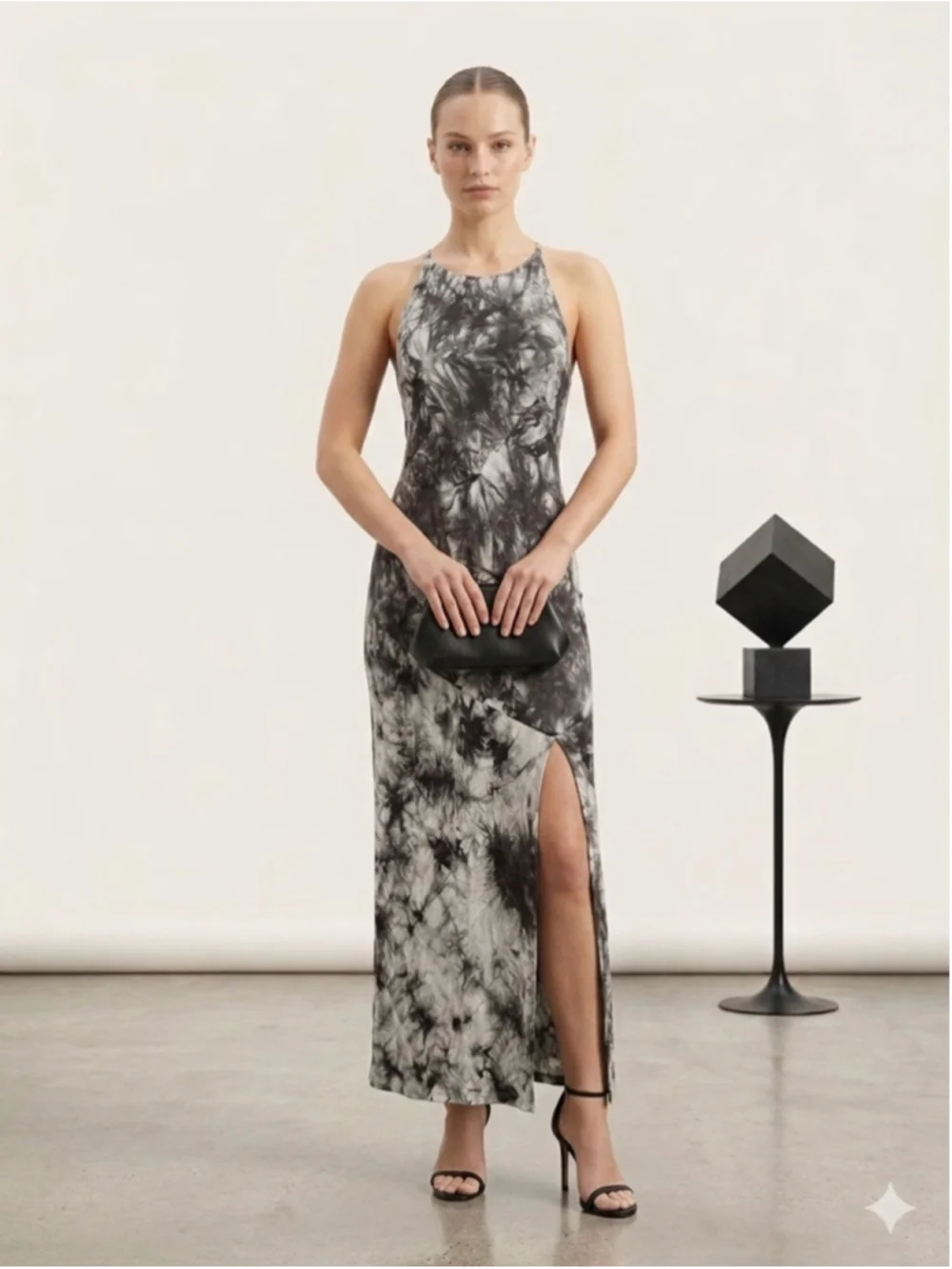 CQ by CQ Tie Dye Maxi Dress L Black Gray Halter Neck Backless Side Slit Stretch - Picture 1 of 12